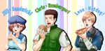  1girl 2boys artist_name beret black_hair blonde_hair blue_eyes blue_hat brown_hair burger character_name chris_redfield closed_eyes eating food hat holding holding_burger holding_food holding_sandwich hot_dog jill_valentine leon_s._kennedy multiple_boys nagare resident_evil sandwich 