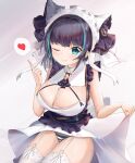  1girl aqua_eyes aqua_hair azur_lane bangs bare_arms black_hair breasts center_opening cheshire_(azur_lane) cleavage closed_mouth commentary cowboy_shot dress eyebrows_visible_through_hair eyelashes garter_straps gold_trim heart highres index_finger_raised large_breasts lifted_by_self looking_at_viewer maid_headdress mctom multicolored_hair one_eye_closed panties pantyshot simple_background smile solo speech_bubble streaked_hair striped striped_panties thighhighs thighs two-tone_hair underwear white_dress white_legwear 