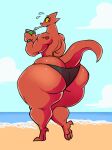  anthro barefoot beach big_butt black_clothing black_panties black_underwear bodily_fluids butt claws clock clothed clothing dragon feet female glass hi_res huge_butt hyper hyper_butt kobold looking_at_viewer looking_back looking_back_at_viewer panties pebthedrabold red_body red_skin seaside solo straw sweat sweatdrop thick_thighs tight_clothing topless underwear watch wide_hips zeni_the_drabold 