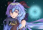  1girl bangs bare_shoulders bell black_gloves blue_hair bodystocking bodysuit breasts detached_sleeves ganyu_(genshin_impact) genshin_impact gloves horns ice_shard kaitoujin78 long_hair low_ponytail medium_breasts neck_bell purple_eyes snowflakes snowing 