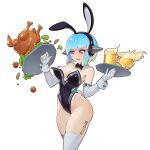  1girl android android_mk.99 animal_ears ass bangs bare_shoulders beer_mug bird black_bow black_bowtie black_leotard blue_hair blunt_bangs bow bowtie breasts broccoli chicken cleavage commentary_request covered_navel cowboy_shot cup curled_fingers detached_collar drill elbow_gloves eyebrows_visible_through_hair eyelashes fake_animal_ears fake_tail gloves guardian_tales highleg highleg_leotard highres holding holding_tray joker.z leotard lettuce medium_breasts mug nipple_slip nipples no_bra official_alternate_costume open_mouth rabbit_tail red_eyes short_hair simple_background solo strapless strapless_leotard tail thick_eyelashes thighhighs thighs tomato tray white_background white_gloves white_legwear wrist_cuffs 