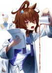  1boy 1girl agnes_tachyon_(umamusume) ahoge animal_ears bags_under_eyes bow breasts brown_hair coffee coffee_pot collared_shirt earrings hair_between_eyes holding holding_brush holding_coffee_pot holding_paper holding_sponge horse_ears horse_girl ice ice_cube jewelry lab_coat long_sleeves manjo_(warito) medium_breasts open_mouth paper puffy_short_sleeves puffy_sleeves purple_bow purple_serafuku purple_shirt red_eyes sailor_collar sailor_shirt school_uniform scrub_brush serafuku shirt short_hair short_sleeves single_earring skirt sponge stain stained_clothes t-head_trainer_(umamusume) teeth tongue tongue_out tracen_school_uniform trainer_(umamusume) umamusume upper_body upper_teeth_only white_sailor_collar white_skirt 