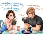  1boy 1girl artist_name black_gloves black_shirt blonde_hair blue_eyes chair coffee eating fingerless_gloves food food_in_mouth gloves holding holding_food holding_sandwich jewelry jill_valentine leon_s._kennedy nagare necklace on_chair resident_evil sandwich shirt simple_background table white_background 