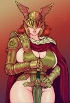  1girl absurdres breasts cape cleavage covered_nipples cowboy_shot dress elden_ring facing_viewer ferrousred gradient gradient_background green_dress helmet highres holding holding_sword holding_weapon huge_breasts malenia_blade_of_miquella mechanical_arms parted_lips pelvic_curtain prosthesis prosthetic_arm puffy_lips red_background red_cape red_hair sash single_mechanical_arm solo standing sword twitter_username weapon winged_helmet 