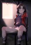  1girl angry blue_eyes brown_hair hair_intakes jacket kara_no_kyoukai long_sleeves monoglove pussy red_jacket restrained ryougi_shiki short_hair sitting solo 