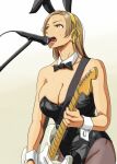  1girl anbj animal_ears bare_shoulders black_bow black_bowtie black_leotard bow bowtie breasts brown_eyes brown_hair cleavage collarbone commentary cowboy_shot detached_collar eyelashes fake_animal_ears forehead god_knows... gradient gradient_background guitar hair_ribbon highleg highleg_leotard holding holding_instrument idolmaster idolmaster_cinderella_girls instrument large_breasts leotard long_hair lower_teeth matsunaga_ryou music open_mouth pantyhose playboy_bunny ribbon simple_background singing solo strapless strapless_leotard sweat tan teeth toned upper_teeth v-shaped_eyebrows wrist_cuffs yellow_ribbon 