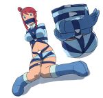  absurdres arms_behind_back bdsm blue_eyes blue_gloves bondage boots bound bound_arms breasts gag gagged gloves hair_ornament highres long_hair midriff navel nishin89 pokemon red_hair restrained shorts skyla_(pokemon) solo 