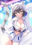  1girl :o absurdres animal_ear_fluff animal_ear_hood animal_ears arm_rest bikini bikini_under_clothes black_bikini blue_nails breasts cat_ears cat_girl cat_tail cleavage collarbone cowboy_shot dutch_angle elegant_(sumisumi4268) eyelashes fang frilled_bikini frills glowing gradient_hair grey_eyes grey_hair grey_tail hair_between_eyes hair_flaps hair_intakes halterneck hand_to_own_mouth hand_up highres hood hood_up hoodie innertube large_breasts light_blush long_sleeves looking_at_viewer lying multicolored_hair nail_polish navel on_innertube on_side open_mouth original outdoors partially_unzipped pool raised_eyebrows skin_fang solo sparkle striped_tail swim_ring swimsuit tail tail_raised water wet white_bikini white_hair white_hoodie white_innertube wide_hips 