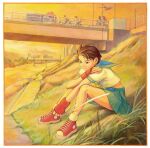  1girl bicycle blue_sailor_collar border bridge brown_eyes brown_hair crop_top dai-chan fingerless_gloves game_cg gloves grass hand_on_own_shoulder headband highres holding_headband kasugano_sakura mma_gloves non-web_source official_art on_ground people riding riding_bicycle sailor_collar school_uniform serafuku shoes short_hair sitting skirt smile sneakers solo solo_focus street_fighter street_fighter_zero_(series) white_border white_headband 