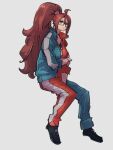  1girl alternate_costume alternate_hairstyle android_21 blue_eyes closed_mouth dragon_ball dragon_ball_fighterz full_body glasses grey_background jacket kemachiku long_hair looking_at_viewer multicolored_clothes multicolored_jacket ponytail simple_background solo two-tone_jacket 