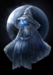  1girl absurdres blue_dress blue_theme cape closed_mouth dress elden_ring extra_faces full_moon hat highres invisible_chair long_dress monochrome moon one_eye_closed own_hands_together ranni_the_witch rmeiz147 sitting solo witch_hat 
