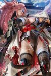  1girl artist_name ass_visible_through_thighs baiken banned_artist black_footwear boots breasts cape cleavage covered_navel eyepatch facial_mark fishnet_legwear fishnets guilty_gear guilty_gear_strive katana large_breasts lips long_hair looking_at_viewer patreon_username petals pink_eyes pink_hair sakimichan signature solo standing sword thighhighs weapon 