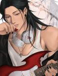  1boy alternate_costume aransmind artist_name black_hair black_nails cross cross_necklace cyber_sigilism ear_piercing electric_guitar eyebrow_piercing face_piercing getou_suguru guitar hair_bun hair_over_shoulder half_updo hand_to_own_mouth headphones headphones_around_neck highres holding holding_guitar holding_instrument ibispaint_(medium) instrument jacket jewelry jujutsu_kaisen leather leather_jacket lip_piercing long_hair necklace open_clothes open_jacket piercing plug_(piercing) purple_eyes ring single_hair_bun tank_top white_background zoom_layer 