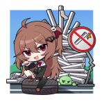  1girl ahoge asymmetrical_legwear black_cardigan black_socks black_thighhighs blue_sky bow bowtie broken_heart broken_heart_hair_ornament brown_hair bush cardigan chibi chibi_only chinese_commentary dress_shirt english_commentary evil_neuro-sama fang from_side hair_between_eyes hair_ornament hair_ribbon heart highres holding holding_lead_pipe lead_pipe loafers long_hair long_sleeves looking_at_viewer mask mixed-language_commentary mouth_mask no_symbol off-shoulder_cardigan open_mouth outdoors pleated_skirt red_bow red_bowtie red_eyes red_ribbon ribbon road road_sign shirt shoes sign single_sock single_thighhigh sitting skin_fang skirt skull_hair_ornament sky socks thighhighs turtle two_side_up uneven_legwear vedal987 vedal_ai virtual_youtuber wheel white_shirt wide_shot xiaomacroz 