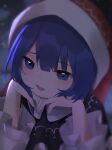  1girl absurdres bangs black_shirt blue_eyes blue_hair blunt_bangs blurry depth_of_field doremy_sweet english_commentary eyebrows_visible_through_hair hat head_on_hand highres nightcap open_mouth pom_pom_(clothes) red_headwear shirt short_hair slepp soft_focus solo touhou wide_sleeves 