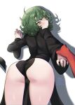  1boy 1girl arm_grab ass back black_dress blush dress gloves green_eyes green_hair green_nails highres looking_at_viewer one-punch_man pov red_gloves saitama_(one-punch_man) silhouette stephringo tatsumaki 