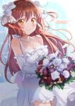  1girl bare_shoulders blush bouquet breasts brown_eyes brown_hair cleavage closed_mouth collarbone commentary_request dress elbow_gloves flower gloves hair_flower hair_ornament halterneck holding holding_bouquet kitahara_tomoe_(kitahara_koubou) long_hair looking_at_viewer medium_breasts nozomi_(princess_connect!) petals princess_connect! red_flower red_rose rose smile solo tears twitter_username very_long_hair wedding_dress white_dress white_flower white_gloves white_rose 