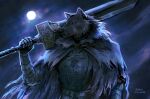  1boy absurdres animal_head armor blaidd_the_half-wolf breastplate cape dated elden_ring full_moon furry furry_male gauntlets highres holding holding_sword holding_weapon looking_at_viewer moon night night_sky outdoors over_shoulder purple_eyes rashuu signature sky solo standing sword tusks weapon weapon_over_shoulder 