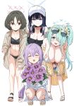  4girls arius_squad_(blue_archive) atsuko_(blue_archive) atsuko_(swimsuit)_(blue_archive) baseball_cap bikini black_bikini black_hair blue_archive breasts cleavage commentary_request flower hair_over_one_eye halo hat highres hiyori_(blue_archive) hiyori_(swimsuit)_(blue_archive) huge_breasts large_breasts long_hair medium_breasts misaki_(blue_archive) misaki_(swimsuit)_(blue_archive) multiple_girls official_alternate_costume paint_chat_(medium) purple_hair rumiya9i saori_(blue_archive) saori_(swimsuit)_(blue_archive) short_hair side_ponytail swimsuit white_bikini 