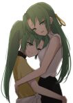  2girls absurdres bangs bare_arms black_skirt closed_mouth eyebrows_visible_through_hair green_eyes green_hair hair_between_eyes hair_intakes hair_ribbon half-closed_eyes highres higurashi_no_naku_koro_ni hug long_hair multiple_girls ponytail poyadevil ribbed_sweater ribbon shirt short_sleeves siblings simple_background sisters skirt sleeveless sleeveless_sweater smile sonozaki_mion sonozaki_shion sweater twins very_long_hair white_background white_sweater yellow_ribbon yellow_shirt 