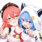  2girls 35p_(sakura_miko) absurdres ahoge animal_ear_headwear bell blue_eyes blue_hair blush collarbone fangs felutiahime green_eyes hair_ornament hairclip hat highres holding_hands hololive hoshimachi_suisei multiple_girls open_mouth pink_hair sakura_miko virtual_youtuber white_background 