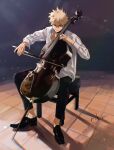  1boy bakugou_katsuki blonde_hair boku_no_hero_academia bow cello collared_shirt highres holding holding_bow instrument lens_flare male_focus mkm_(mkm_storage) music playing_instrument red_eyes shadow shirt signature sitting solo spiked_hair stool tile_floor tiles white_shirt 