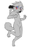  2022 anthro black_ears black_nose blue_eyes bodily_fluids breasts canid canine canis digital_media_(artwork) domestic_dog female full-length_portrait fur grey_body grey_fur grey_hair hair hi_res kemono mammal monotone_body monotone_fur pawpads pink_pawpads pizademokttero portrait simple_background solo tail_tuft tears three-quarter_view tuft white_background 