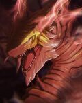  dragon elden_ring lehvoe lichdragon_fortissax lightning looking_at_viewer no_humans open_mouth red_theme solo spoilers twitter_username 