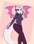  absurd_res anthro black_hair breasts clothed clothing dragon fangs fur gynomorph hair hi_res intersex looking_at_viewer max_draws neck_tuft patreon pink_body pink_fur purple_eyes solo tuft white_body white_fur white_hair wings 