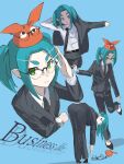  1girl absurdres ass bent_over black_jacket black_necktie black_pants blue_background blue_hair dressing english_text formal_clothes glasses green_eyes highres jacket kurokami_kinniku_matsuri monogatari_(series) multiple_views necktie ononoki_yotsugi pant_suit pants solo suit 