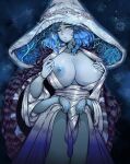  1girl atris2nd blue_eyes blue_hair blue_skin blush breasts breasts_out cape clothes_lift colored_skin cracked_skin doll_joints dress dress_lift elden_ring extra_arms hat highres huge_breasts joints large_hat looking_at_viewer medium_hair nipples no_bra one_eye_closed open_clothes open_dress parted_lips ranni_the_witch solo standing undressing white_dress witch_hat 