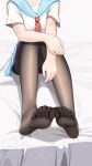  1girl black_legwear blue_skirt feet foot_focus highres no_shoes on_bed pantyhose school_uniform serafuku sitting sitting_on_bed skirt soles toes uniform wcks0774 