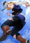  1boy 1girl android_17 android_18 ass belt black_hair blonde_hair blue_eyes blue_sky blurry blush boots breasts brown_footwear cleavage cloud cloudy_sky commentary day dragon_ball dragon_ball_z fingernails floating flying highres jacket knee_boots long_sleeves looking_at_viewer looking_back medium_breasts medium_hair miniskirt open_clothes outdoors panties panties_under_pantyhose pants pantyhose parted_lips shiny shiny_clothes shiny_hair simple_background skirt sky striped torn_clothes torn_legwear underwear yoshio_(55level) 