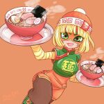  1girl absurdres arms_(game) blonde_hair blunt_bangs bowl breasts commentary_request egg_(food) eye_mask food green_eyes green_shirt hat highres holding holding_plate kamaboko meat min_min_(arms) mismatched_eyebrows narutomaki noodles nori_(seaweed) open_mouth orange_background orange_hat orange_mask plate ramen sararock shirt short_hair short_sleeves simple_background smile solo steam teeth thick_eyebrows upper_teeth_only zipper 