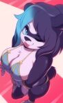  anthro big_breasts blep blue_hair breast_focus breasts chest_tuft cleavage clothed clothing female giant_panda hair hi_res mammal one_eye_closed solo tongue tongue_out tuft ursid wildblur wink 