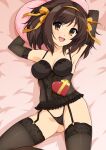  1girl :d armpits arms_up bangs bed_sheet black_garter_straps black_gloves black_legwear black_panties bow breasts brown_eyes brown_hair commentary_request covered_navel elbow_gloves eyebrows_visible_through_hair garter_straps gloves hair_bow hairband haruhisky heart heart_print highleg highleg_panties highres indoors legs_apart lingerie lying medium_breasts medium_hair on_back on_bed open_mouth orange_bow orange_hairband panties pillow pillow_grab smile solo suzumiya_haruhi suzumiya_haruhi_no_yuuutsu teeth thighhighs underwear underwear_only upper_teeth 