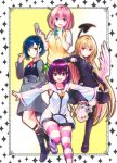  4girls :d ahoge ayakashi_triangle bird_wings black_cat_(series) black_dress blonde_hair blue_hair bob_cut bow bowtie cellphone cover creator_connection cross darling_in_the_franxx demon_tail detached_sleeves dress dress_shirt dress_shoes eve_(black_cat) flip_phone flower_hairpin full_body gradient_background green_eyes hair_ornament hairpin hand_in_pocket hands_up highres holding holding_phone hood hoodie ichigo_(darling_in_the_franxx) index_finger_raised kanade_suzu kneehighs leg_up long_hair mary_janes momo_velia_deviluke multiple_girls official_art okobo origami parasite_dress_uniform_(darling_in_the_franxx) parted_lips phone pink_eyes pink_hair plaid_clothes plaid_skirt platform_sandals playing_with_own_hair purple_eyes purple_hair red_eyes sainan_high_school_uniform sandals school_uniform shikigami shirt shoes skirt sleeveless sleeveless_hoodie smile socks standing standing_on_one_leg star_(symbol) star_symbol_background sweater_vest tail thighhighs to_love-ru to_love-ru_darkness to_love-ru_darkness_2nd very_long_hair wide_hips wings yabuki_kentarou 
