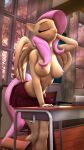  3d_(artwork) 4k 9:16 absurd_res alcohors anthro anthrofied bottomwear breasts clothed clothing desk digital_media_(artwork) equid equine female fluttershy_(mlp) friendship_is_magic furniture hair hasbro hi_res mammal my_little_pony nipples pattern_bottomwear pattern_clothing pattern_skirt pegasus pink_hair plaid plaid_bottomwear plaid_clothing plaid_skirt skirt solo table topless wings 