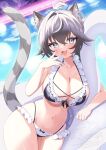  1girl absurdres animal_ear_fluff animal_ears arm_rest bare_arms bikini black_bikini blue_bow blue_nails bow bow_bikini breasts cat_ears cat_girl cat_tail cleavage collarbone cowboy_shot dutch_angle elegant_(sumisumi4268) eyelashes fang frilled_bikini frills glowing gradient_hair grey_eyes grey_hair grey_tail hair_between_eyes hair_bow hair_flaps hair_intakes halterneck hand_to_own_mouth hand_up high_ponytail highres innertube large_breasts light_blush long_hair looking_at_viewer lying multi-strapped_bikini_bottom multicolored_hair nail_polish navel on_innertube on_side open_mouth original outdoors ponytail pool raised_inner_eyebrows skin_fang smile solo sparkle striped_tail swim_ring swimsuit tail tail_raised water wet white_bikini white_hair white_innertube wide_hips 