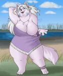  anthro breasts canid canine canis clothing featureless_breasts female lilbluefoxie mammal one_breast_out overweight overweight_female solo wolf 