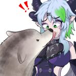  1:1 bestiality big_breasts bodily_fluids breasts canid canine canis domestic_dog duo female feral french_kissing froot grey_hair hair hi_res horn humanoid johjoh_dodo kissing light_body light_skin male male/female mammal multicolored_hair saliva tongue virtual_youtuber 