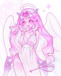  1girl ancient_greek_clothes angel_wings artist_logo artist_name bare_shoulders blush breasts bright_pupils chiton circlet collarbone colored_skin cookie_run cookie_run:_kingdom cowboy_shot demon_tail demon_wings dress drill_hair english_commentary eternal_sugar_cookie eyelashes gem gradient_hair greco-roman_clothes halo hand_up heart-shaped_gem highres holding holding_instrument holding_lyre humanization instrument jinxchuu large_breasts logo long_hair looking_at_viewer low_wings lyre multicolored_hair multiple_wings open_mouth pink_eyes pink_gemstone pink_hair pink_halo pink_skin sidelocks simple_background sleeveless sleeveless_dress smile solo sparkle standing tail white_background white_dress white_eyeshadow white_hair white_pupils wings zoom_layer 