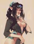  1girl areola_slip baldur&#039;s_gate baldur&#039;s_gate_3 black_dress braid breasts capridoki center_opening commentary dress dungeons_&amp;_dragons elf english_commentary looking_at_viewer pointy_ears shadowheart_(baldur&#039;s_gate) simple_background solo tiara 