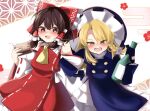  2girls ascot blonde_hair blue_gloves blush bottle bow braid brown_hair commentary_request detached_sleeves drunk egasumi flower forbidden_scrollery frilled_bow frilled_hair_tubes frills gloves hair_bow hair_tubes hakurei_reimu hasumi_suzuna hat highres holding holding_bottle kirisame_marisa locked_arms long_hair long_sleeves masu multiple_girls official_alternate_costume open_mouth purple_bow red_bow red_skirt ribbon-trimmed_sleeves ribbon_trim side_braid single_braid skirt skirt_set smile touhou twitter_username yellow_ascot yellow_eyes 