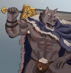  2022 abs absurd_res anthro armband armpit_hair barazoku biceps big_bulge big_muscles blaidd_(elden_ring) body_hair bulge canid canine canis cape claws clothing elden_ring eyebrows fromsoftware fur grey_background hi_res holding_object holding_sword holding_weapon huge_muscles male mammal melee_weapon muscular muscular_anthro muscular_male naikuma navel nipples obliques pecs pubes scar simple_background solo standing sword teeth thong tuft underwear video_games weapon wolf 