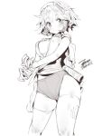  1girl blush breasts character_request closed_mouth dated ejami greyscale looking_at_viewer monochrome short_hair shorts signature simple_background solo thighhighs white_background 