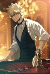  1boy bakugou_katsuki black_bow black_bowtie black_vest blonde_hair blurry boku_no_hero_academia bow bowtie chandelier collared_shirt depth_of_field highres light male_focus mkm_(mkm_storage) necktie red_eyes roulette roulette_table shirt signature sleeves_rolled_up smile spiked_hair vest white_shirt 