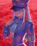  1girl 86_-eightysix- blue_jacket breasts clenched_hand cropped_jacket dress_shirt flower flowersbloodart from_above grey_eyes high_collar highres holding jacket long_hair long_sleeves medium_breasts military military_uniform multicolored_hair open_clothes open_jacket red_flower shirt sidelocks solo streaked_hair uniform vladilena_millize white_shirt 