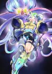  1girl black_background black_shorts blue_hair blush boots bow-shaped_hair brown_boots character_hair_ornament commentary_request fuwa_uneuchi glowing glowing_eyes grey_shoes hair_ornament highres hypnosis iono_(pokemon) jacket long_hair magnemite malamar mega_malamar mind_control multicolored_hair open_mouth pink_eyes pink_hair pokemon pokemon_(creature) pokemon_sv restrained sharp_teeth shoes shorts simple_background single_leg_pantyhose sleeves_past_fingers sleeves_past_wrists split-color_hair sweat teeth tentacles thigh_boots two-tone_hair yellow_jacket 