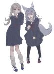  2girls :o alternate_costume animal_ears black_legwear black_serafuku blonde_hair fox_ears fox_girl fox_tail grey_hair highres long_hair mokomoko_(orange56445) multiple_girls nijisanji nijisanji_en nina_kosaka open_mouth pantyhose purple_eyes red_eyes reimu_endou school_uniform serafuku sketch smile tail tube_socks virtual_youtuber white_footwear 